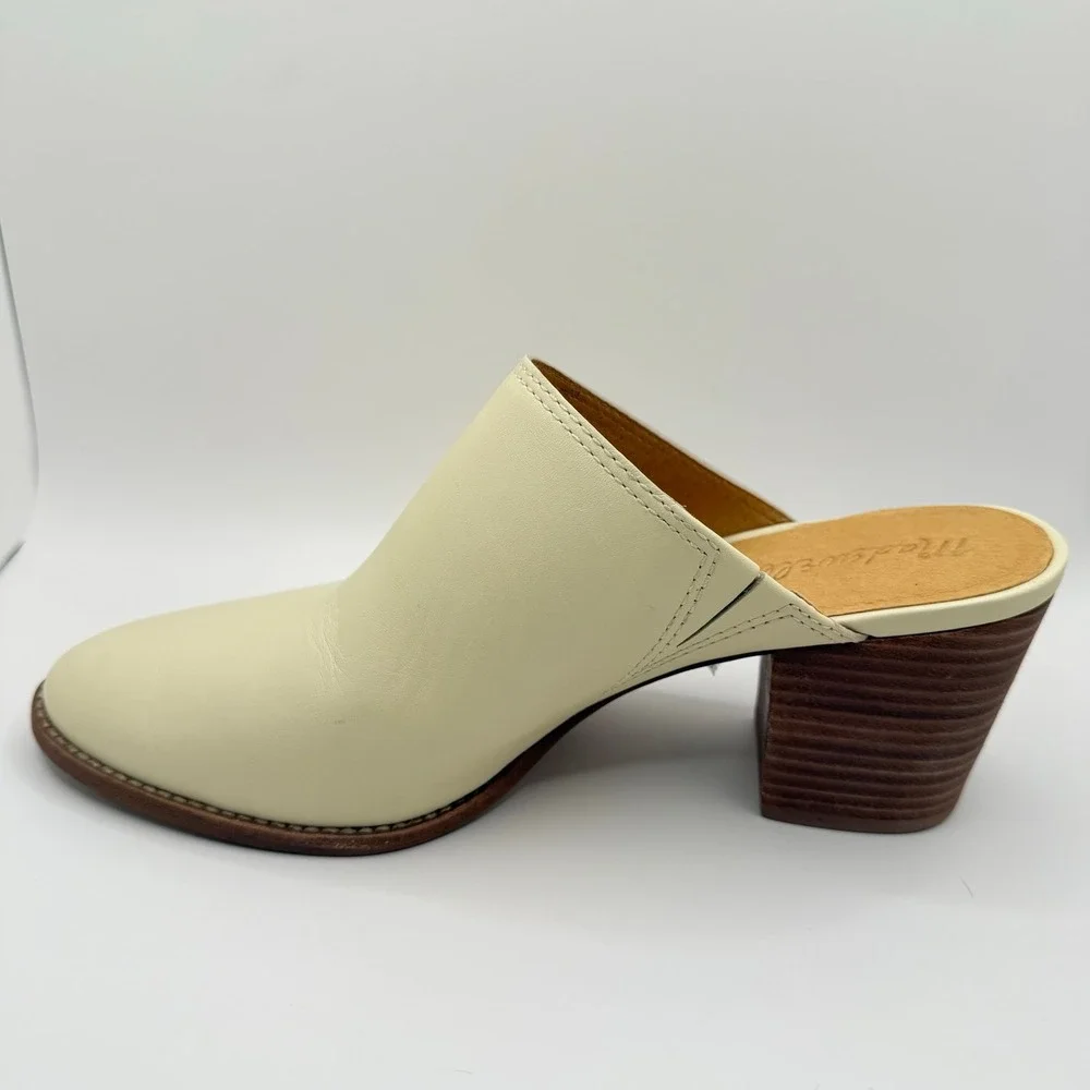Madewell Woman's Harper Ivory Bone Leather Slip On‎ Stacked Block Heels- Size 8